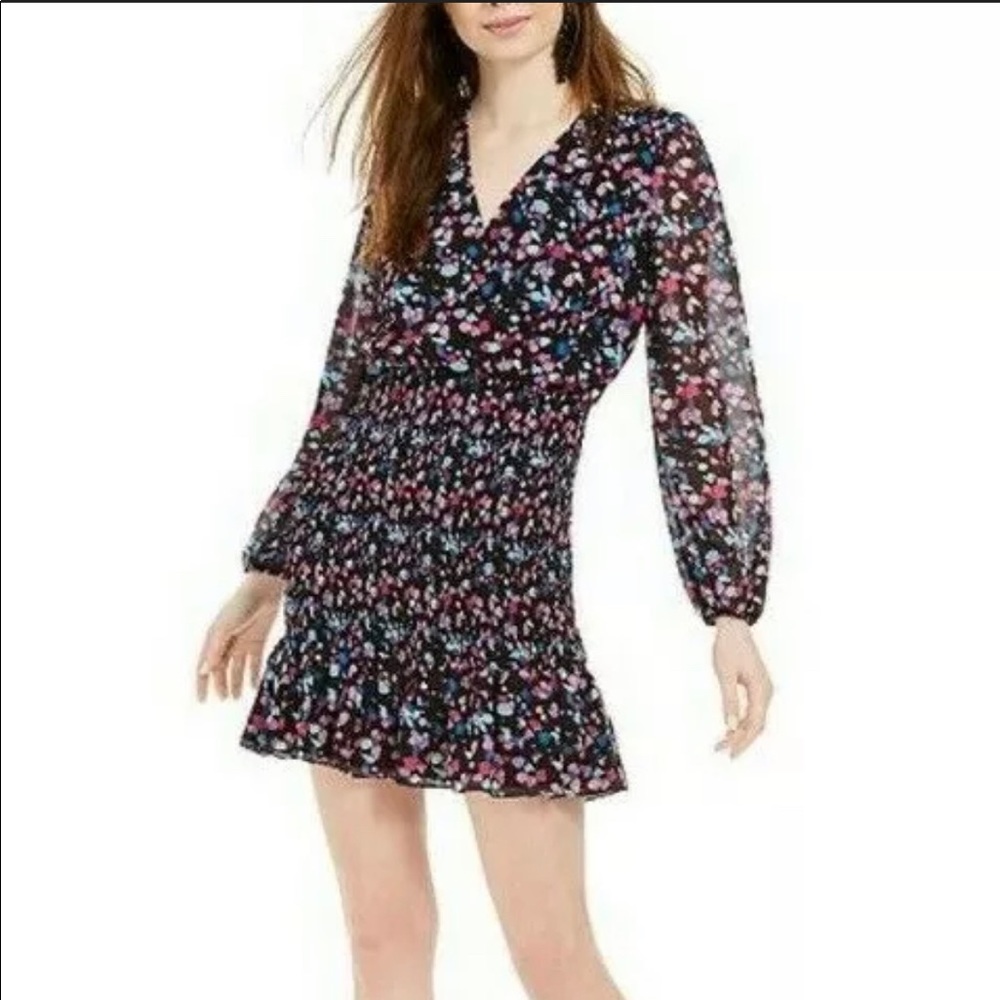 New Leyden Printed Smocked Mini Dress Black Size L